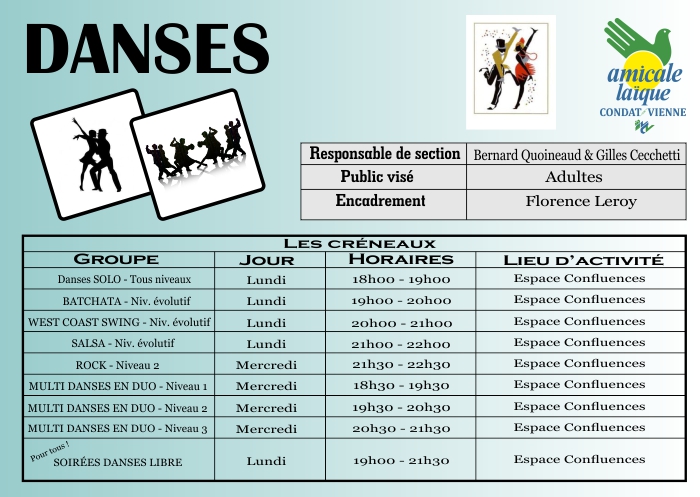DANSES (en duo ou solo, Salon, Rock, Salsa, West Coast Swing, Batchata) DANSES (en duo ou solo, Salon, Rock, Salsa, West Coast Swing, Batchata)