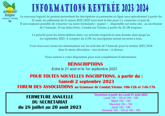 INFORMATIONS RENTRÉE SAISON 2023-2024