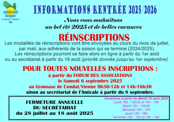 INFORMATIONS RENTRÉE SAISON 2025-2026 INFORMATIONS RENTRÉE SAISON 2025-2026