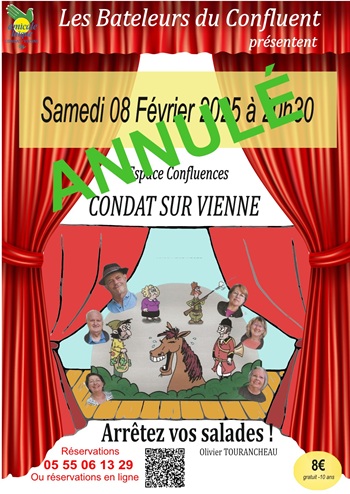 Théâtre Les Bateleurs du Confluent : représentation annulée de "Arrêtez Vos Salades" de Olivier Tourancheau Théâtre Les Bateleurs du Confluent : représentation annulée de "Arrêtez Vos Salades" de Olivier Tourancheau