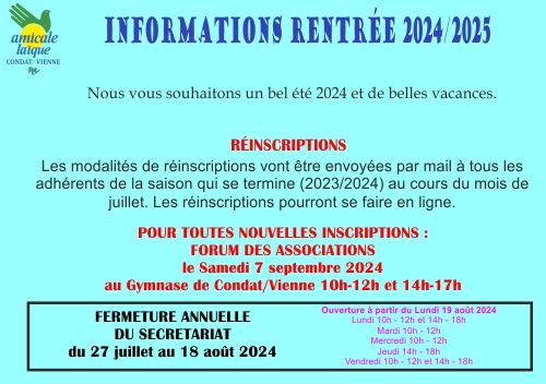 INFORMATIONS RENTRÉE SAISON 2023-2024